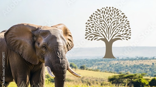 Elephant in African savanna, stylized tree graphic