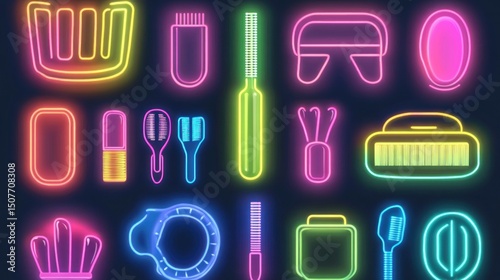 Neon-colored graphic icons of various beauty and personal care tools