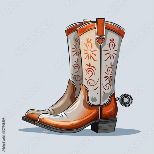 A detailed vector of cowboy boots with engraved leather and metal spurs, styled with a traditional western look.