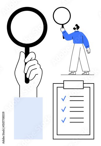 Hand holding magnifying glass, person analyzing checklist with checkmarks, portraying inspection, evaluation. Ideal for research, quality control, productivity, management, planning auditing simple