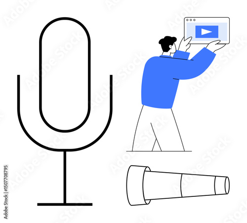 Large microphone, individual holding media player interface, telescope graphic. Ideal for messaging, podcasting, broadcasting, media creation, exploration, innovation storytelling and simple
