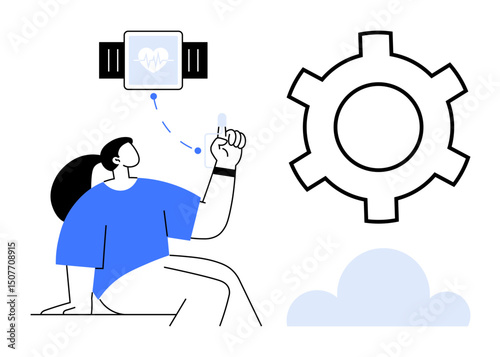 Person interacts with a smartwatch displaying a heart icon, connecting to a gear symbol and cloud shape. Ideal for tech, health monitoring, IoT, innovation, fitness, wearable design, simple landing