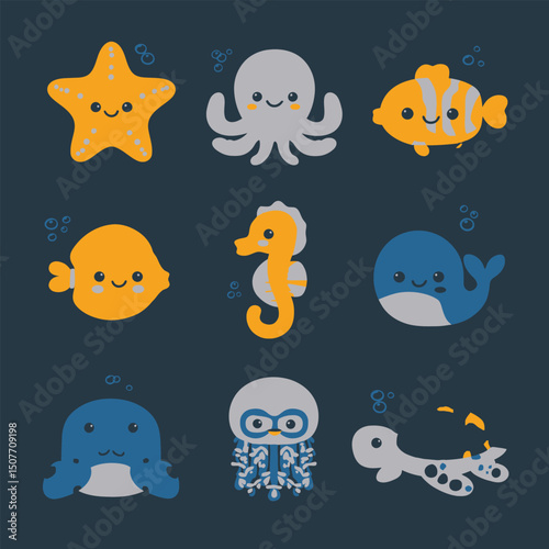 Smiling sea life icons