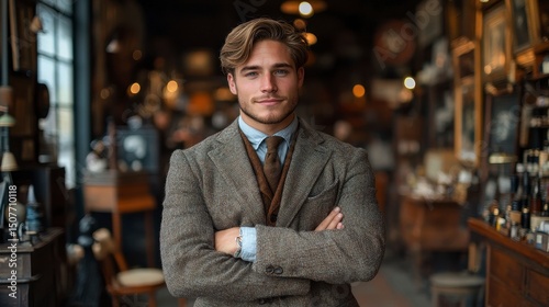 Confident man poses indoors, arms crossed, against a cluttered background