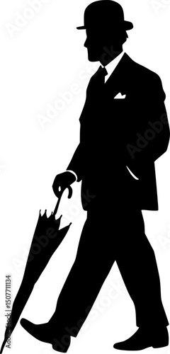 Stylized Vector Silhouettes – British Gentleman in Bowler Hat with Umbrella, Minimalist Black and White Set