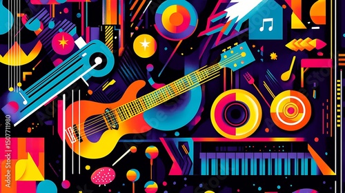 A vibrant musical instrument collage.