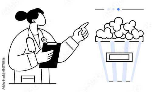 Female doctor with clipboard pointing towards a popcorn bucket. Ideal for health awareness, nutrition, food choices, diet tips, lifestyle balance, wellness talks, simple landing page