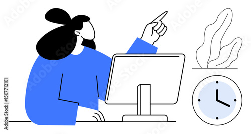 Woman gesturing upward while seated at desk with desktop monitor, clock nearby, and houseplant in view. Ideal for productivity, office culture, time management, teamwork, focus, goal setting simple