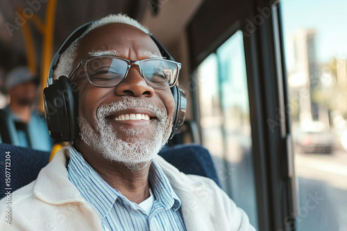 Smiling senior African man with gray hair and glasses wearing headphones on a bus. He appears relaxed and content while enjoying his journey. photo