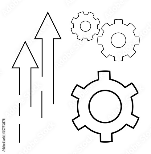 Three upward arrows pointing alongside three gears symbolizing advancement and productivity. Ideal for teamwork, success, innovation, planning, strategy, growth, simple landing page