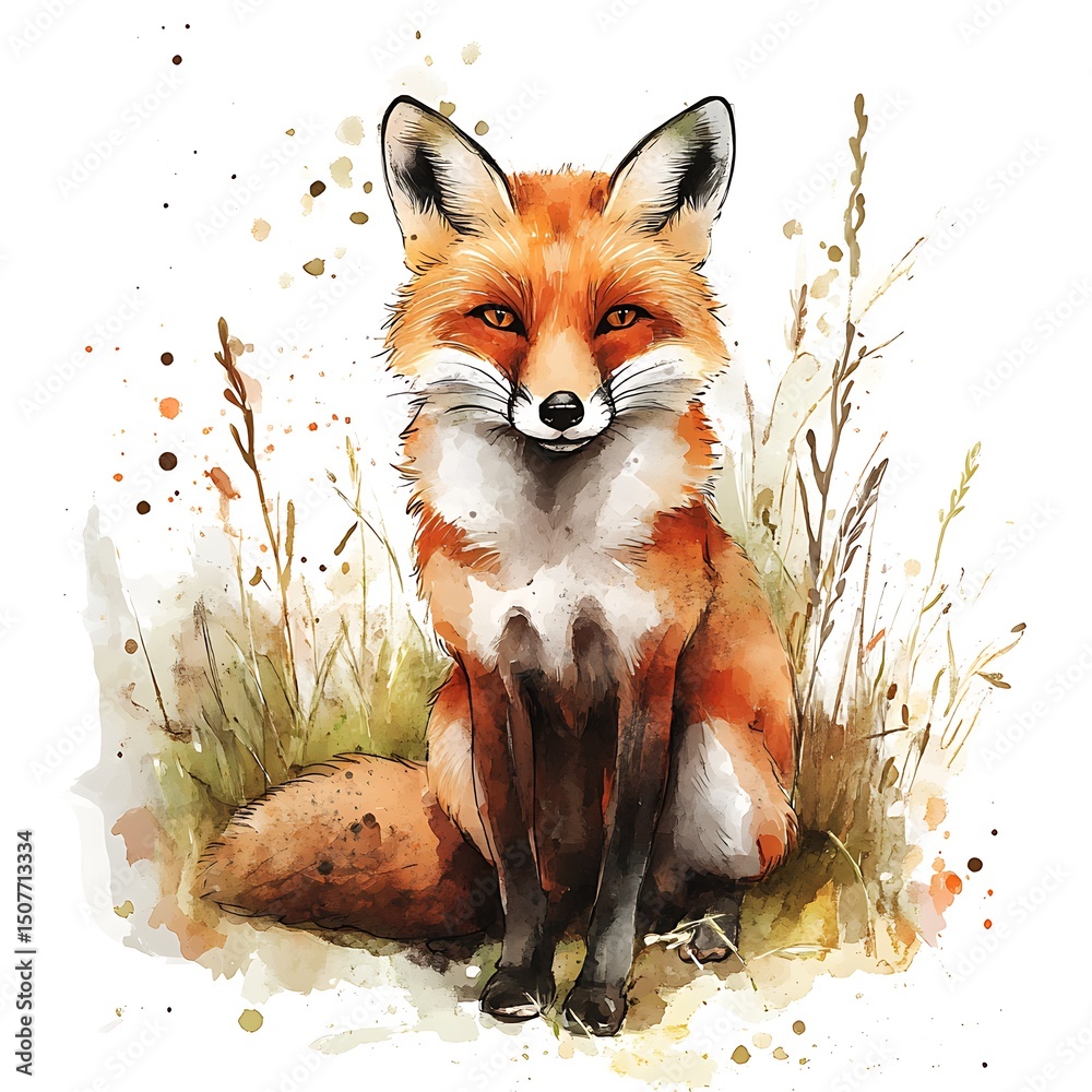 Fototapeta premium A fox sits amongst grasses in a watercolor style illustration.