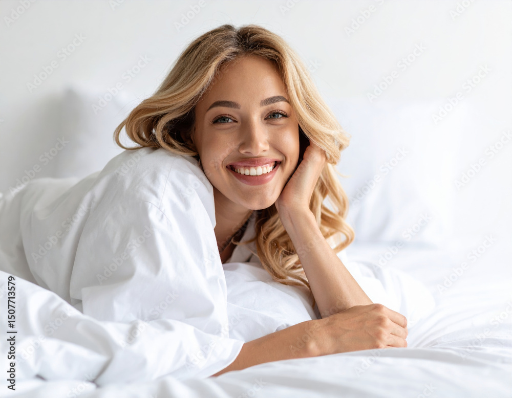 Young woman with blonde hair smiles warmly while lying on white duvet, radiating joy and comfort in serene bedroom setting. Her relaxed pose and bright expression create cheerful atmosphere Young woman with blonde hair smiles warmly while lying on white duvet, radiating joy and comfort in serene bedroom setting. Her relaxed pose and bright expression create cheerful atmosphere