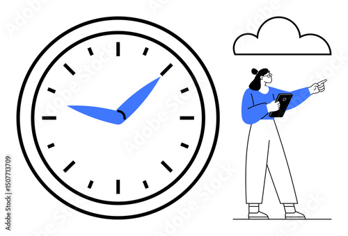 Large clock with blue hands alongside a woman holding a tablet and pointing toward a cloud. Ideal for time management, scheduling, efficiency, organization, deadlines, productivity, simple landing