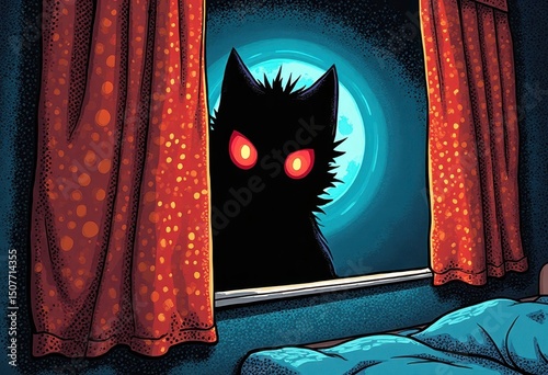 Mysterious Figure with Intense Red Gaze Behind Curtain, Spooky and Haunting Illustration