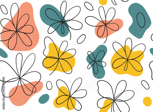 Floral and butterfly pattern, Hand draw, color blobs style, seamless, suitable for fashion design, decoration, fabric, wallpaper and printing on white background.