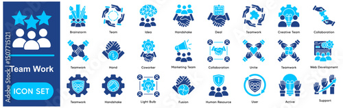 Teamwork Icons Collection related to Team, Collaboration, Partnership, Group, Cooperation, Unite, Together, Work, Handshake, Deal, Support.