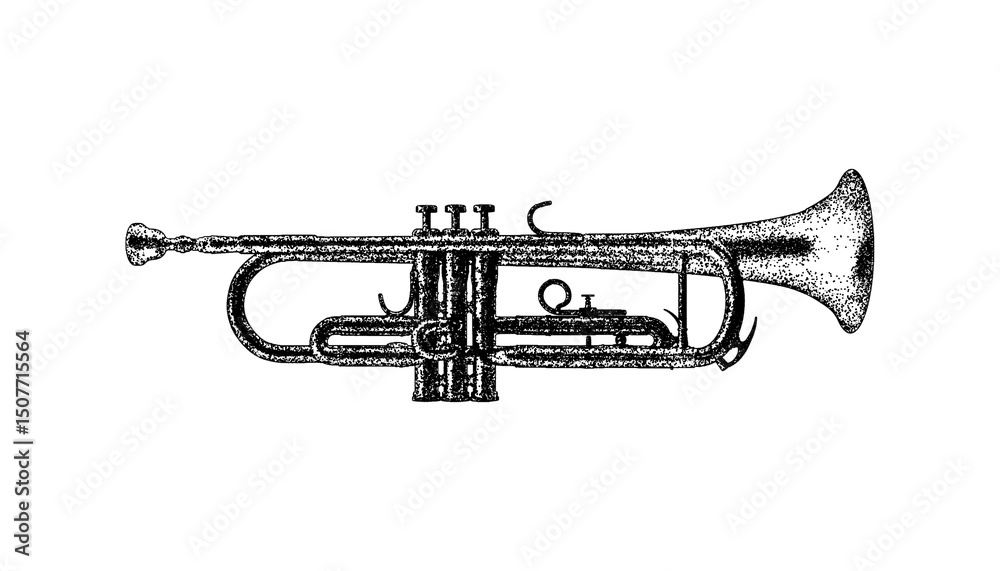 Obraz premium Illustration of a trumpet in vintage stipple engraving style isolated on transparent background
