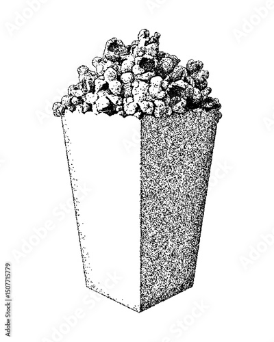 Illustration of popcorn in a paper container in vintage stipple engraving style isolated on transparent background