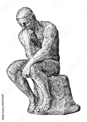 Obraz na płótnie Rodin’s Thinker statue illustration in vintage stipple engraving style isolated