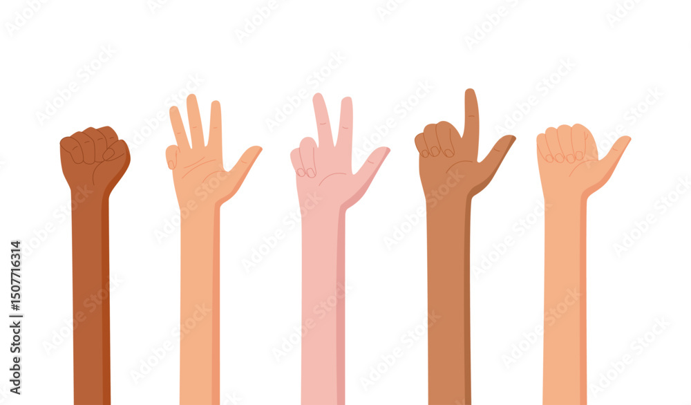 Fototapeta premium Finger count set in cartoon graphic style shows various numbers. Gesture and bare arm illustrations present different ways to count and are perfect for educational elements. Flat people style suits