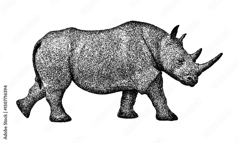 Fototapeta premium Illustration of a walking rhinoceros in vintage stipple engraving style isolated on transparent background