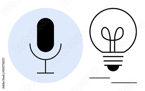Black microphone and light bulb outline symbolize creativity, innovation, communication, and brainstorming. Ideal for podcasts, knowledge sharing, content creation, learning, technology