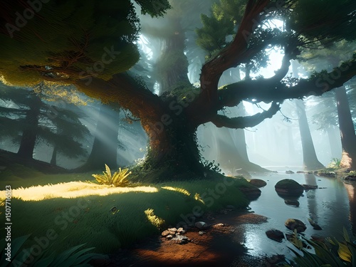 Sunlight filters through lush forest trees, casting a golden glow on an old tree by a quiet stream in a peaceful woodland.