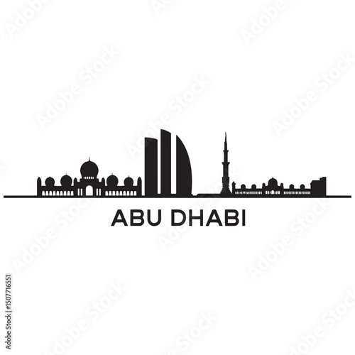 Vector Abu Dhabi skyline. Travel Abu Dhabi famous landmarks. Business and tourism concept for presentation, banner, web site. Vector black silhouette. with white background