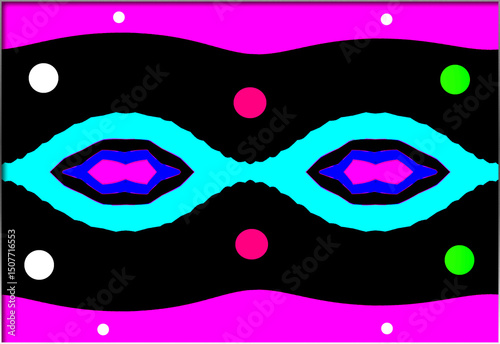 Psychedelic patterns featuring wavy shapes and dots in contrasting colors create a vibrant and energetic design. The central symmetrical shape resembles an eye, surrounded by colorful dots 
