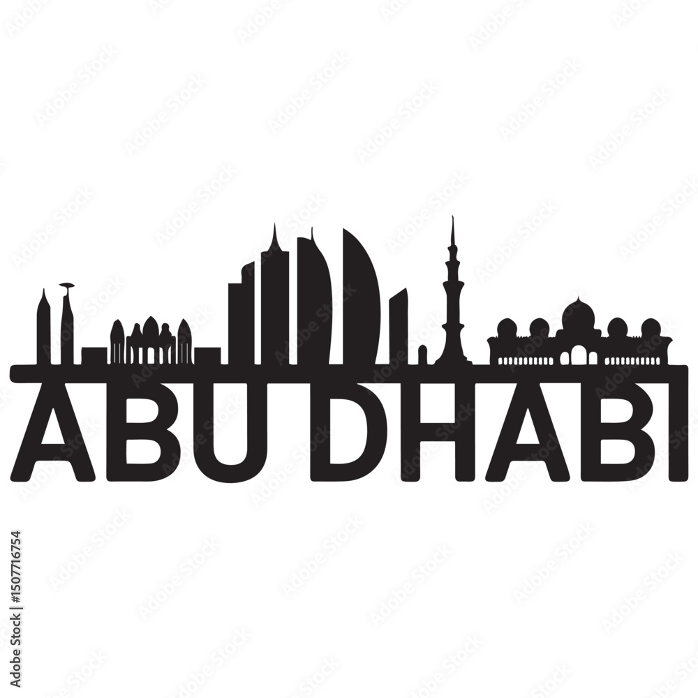 Obraz premium Vector Abu Dhabi skyline. Travel Abu Dhabi famous landmarks. Business and tourism concept for presentation, banner, web site. Vector black silhouette. with white background