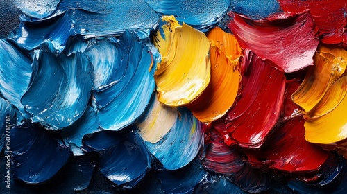 Swirls of thick paint showcase vibrant blues, yellows, oranges, & reds
