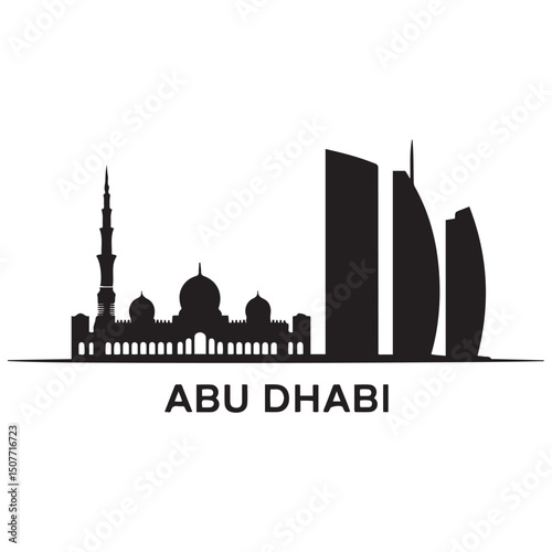 Vector Abu Dhabi skyline. Travel Abu Dhabi famous landmarks. Business and tourism concept for presentation, banner, web site. Vector black silhouette. with white background