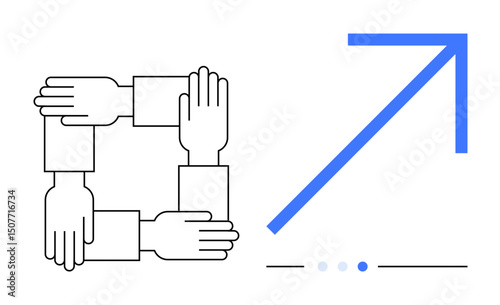 Four hands interlocked creating a square next to a large blue upward arrow. Ideal for teamwork, collaboration, growth, progress, success, innovation, trust. Great visual for a simple landing page
