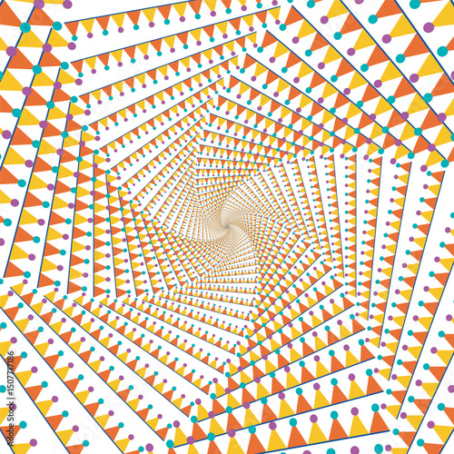 Orange yellow spiral. Abstract optical illusion. Trippy vector curve. Color depth shape.