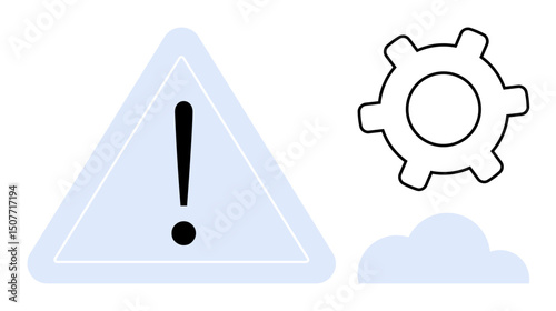 Exclamation point in triangle alongside gear and cloud. Ideal for warning, settings, system error, process management, data sync, maintenance, updates. Flat simple metaphor