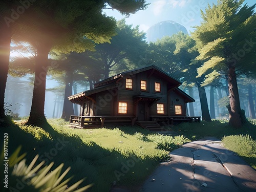 A cozy wooden cabin with glowing windows nestled within a dense, sun-dappled forest, with a pathway leading towards it and a distant moon-like object in the sky.