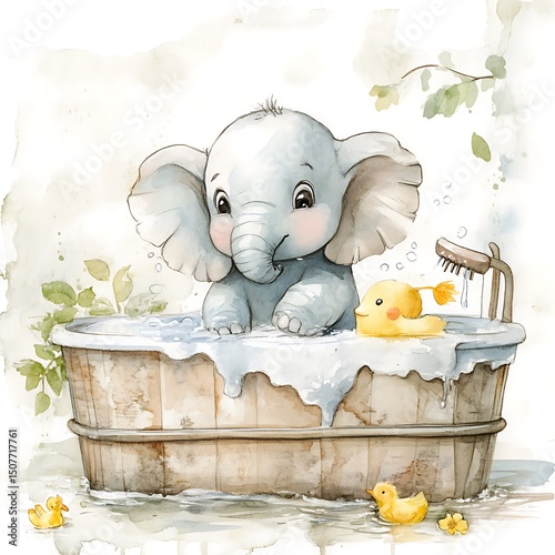 A cute elephant taking a bath with a yellow duck.