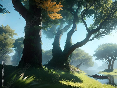 Vibrant, sun-drenched forest scene with lush green trees and a tranquil river reflecting the clear blue sky, evoking a peaceful natural landscape.