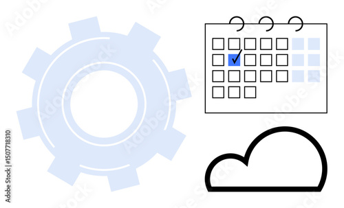 Large gear, calendar with checkmark, cloud element highlight task management, automation, and scheduling. Ideal for productivity, workflow, planning, cloud storage tech solutions deadlines flat
