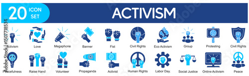 Activism Icons Collection related to Protest, Civil Rights, Social Justice, Equality, Demonstration, Movement, Volunteer, Peace, Human Rights, Freedom.