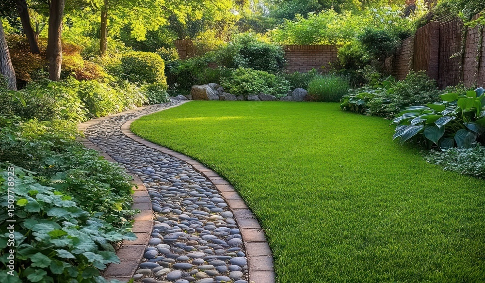 Obraz premium Serene garden pathway with a curved stone path bordered by lush green grass and dense foliage under bright sunlight