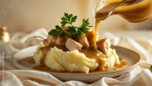 rich and savory chicken gravy poured over a fluffy mound of mashed potatoes, set against a soft, creamy beige background, with a few fresh parsley leaves sprinkled on top, captured rustic yet elegant