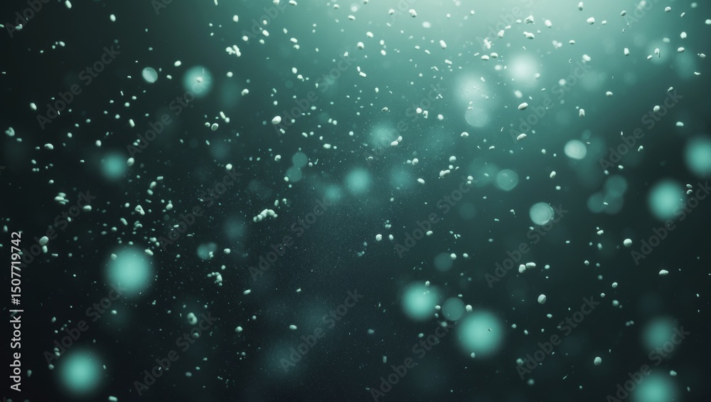 Fototapeta premium Dark textured background with a subtle grain effect, floating digital particles scattered across the scene, mostly in soft aqua green and light white , creating a futuristic dust effect