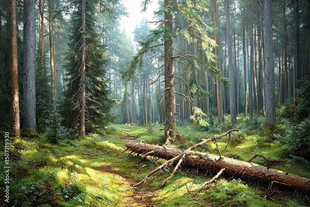 Obraz premium Sunlit dense forest with tall pine trees and a fallen tree trunk lying across a mossy green forest floor, creating a peaceful and calm atmosphere