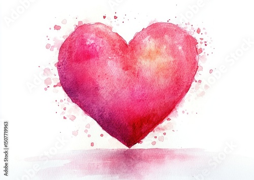 Vibrant watercolor painting of a large red and pink heart with soft color gradients and scattered splashes, conveying warmth and affection on a white background
