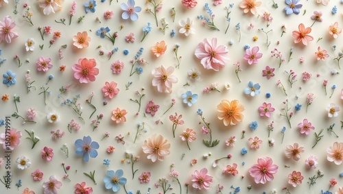 Intricate floral micro-prints featuring an assortment of tiny, delicate flowers in soft pastel hues scattered across a creamy, milky white background, creating a beautiful, whimsical, design perfect