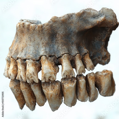 Close-up view of an ancient jawbone fossil with worn, discolored teeth against a light background photo