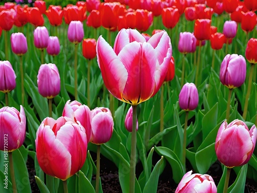 Beautiful pink and red tulips blooming in a vibrant garden, surrounded by green leaves, creating a colorful and refreshing spring landscape.