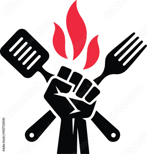 Vector illustration of a hand holding a fire flame with a restaurant cutlery icon, perfect for a food business or kitchen concept design