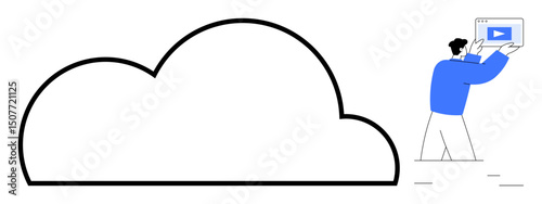 Man holding video thumbnail near a large cloud outline. Ideal for cloud services, data management, video platforms, technology, online storage, networking, or a simple landing page